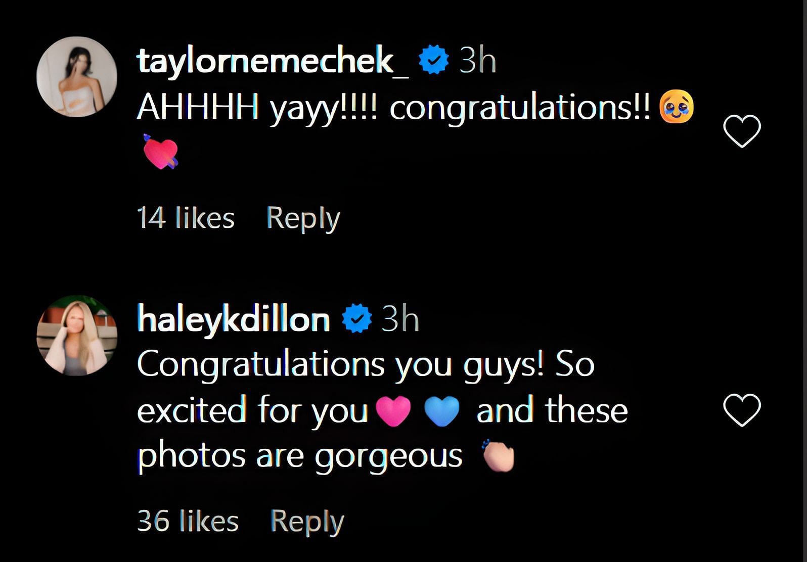 Taylor Nemechek and Haley Dillon's wishes for the couple (Source: @gianatulio on Instagram)
